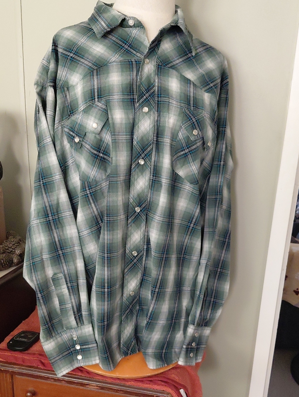 Men's Wrangler Pearl Snap Green and White Plaid Long Sleeve Shirt Size XXL
